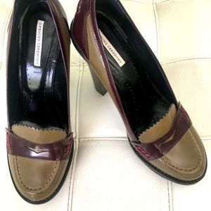 Stacked Heel Loafer, olive leather-Bordeaux patent, sz 8. Made in Portugal.